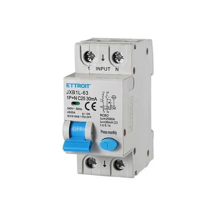 Interruttore magnetotermico Differenziale 1P+N 25A 4.5kA 30mA 220V 2 Moduli DIN Ettroit JXB1L-63-1P+N-25A