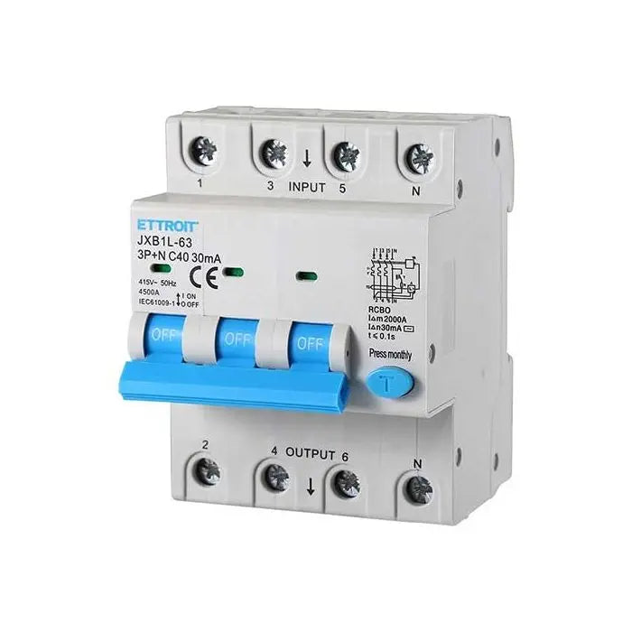 Interruttore magnetotermico Differenziale 3P+N 40A 4.5kA 30mA 380V 4 Moduli DIN Ettroit JXB1L-63-3P+N-40A