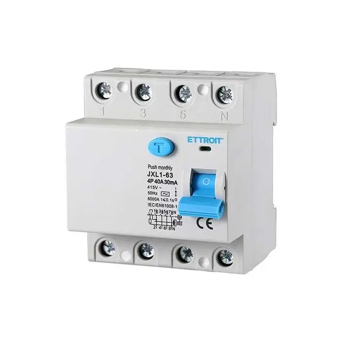 Interruttore Differenziale Puro 4P 40A 6kA 30mA 380V Salvavita 4 Moduli DIN Ettroit JXL1-63-4P-40A