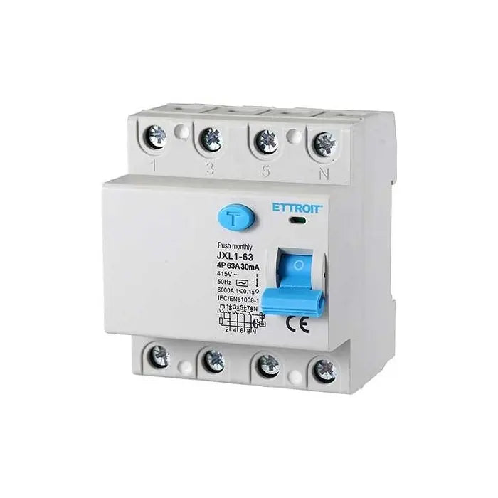 Interruttore Differenziale Puro 4P 63A 6kA 30mA 380V Salvavita 4 Moduli DIN Ettroit JXL1-63-4P-63A