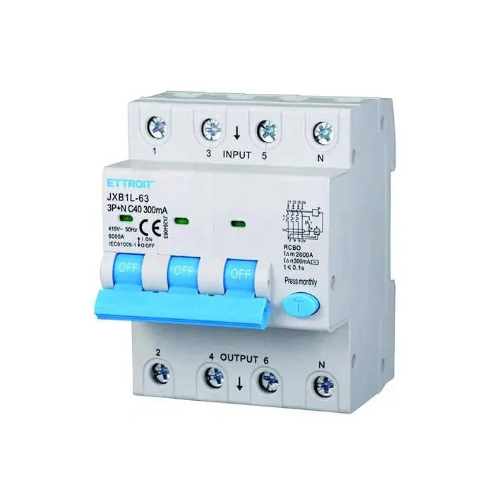 Interruttore magnetotermico differenziale 3P+N 40A 6kA 300mA 380V occupa 4 Moduli DIN Ettroit JX264063