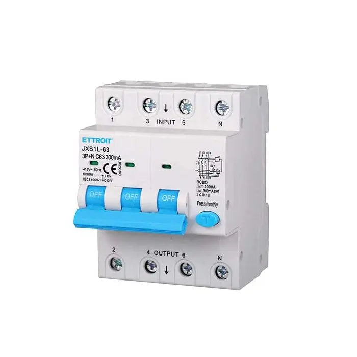 Interruttore magnetotermico differenziale 3P+N 63A 6kA 300mA 380V occupa 4 Moduli DIN Ettroit JX266363