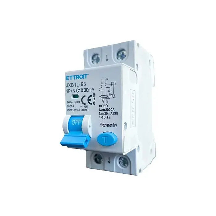 Interruttore magnetotermico differenziale 1P+N 10A 6kA 30mA 220V occupa 2 Moduli DIN Ettroit JX271061