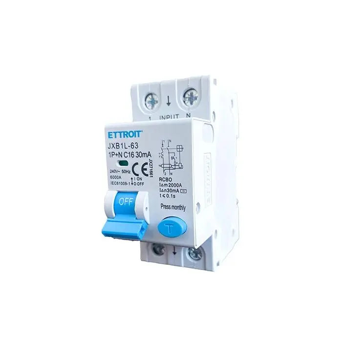 Interruttore magnetotermico differenziale 1P+N 16A 6kA 30mA 220V occupa 2 Moduli DIN Ettroit JX271661
